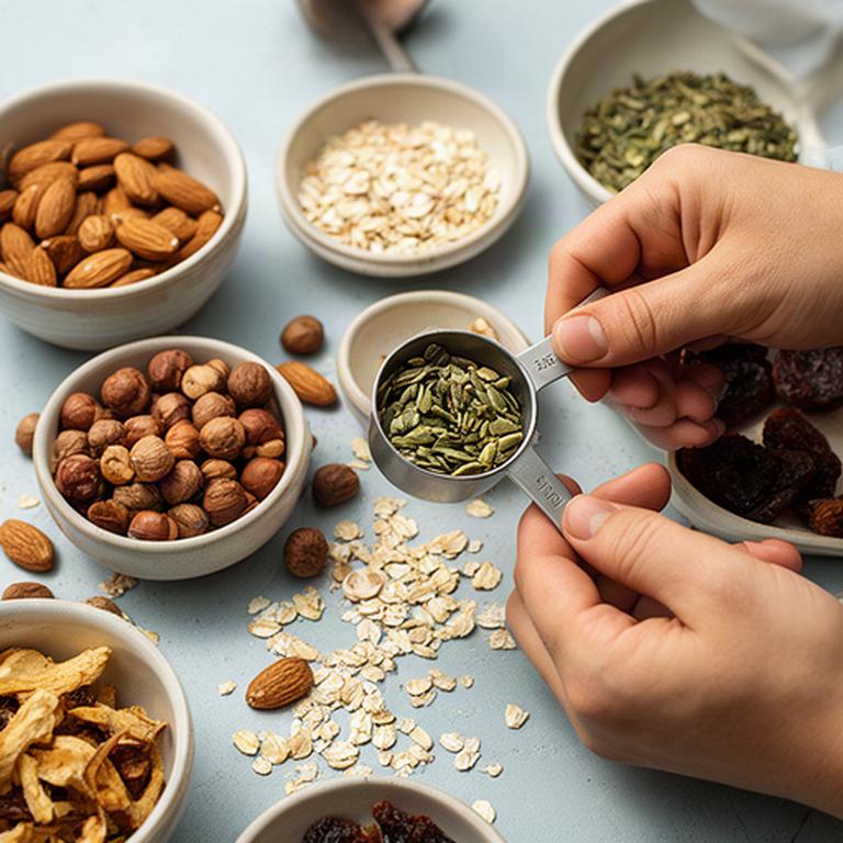 Mani che dosano frutta secca e ingredienti naturali su un banco di lavoro