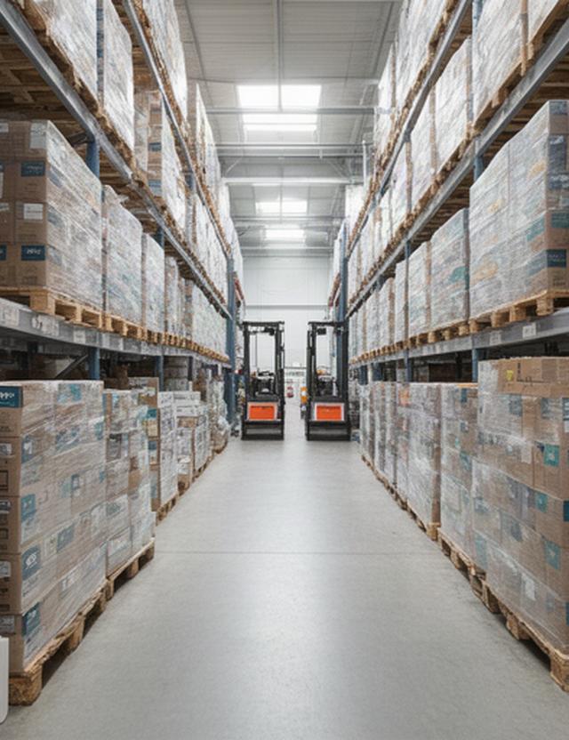 Magazzino ordinato con pallet di prodotti alimentari funzionali pronti per la distribuzione