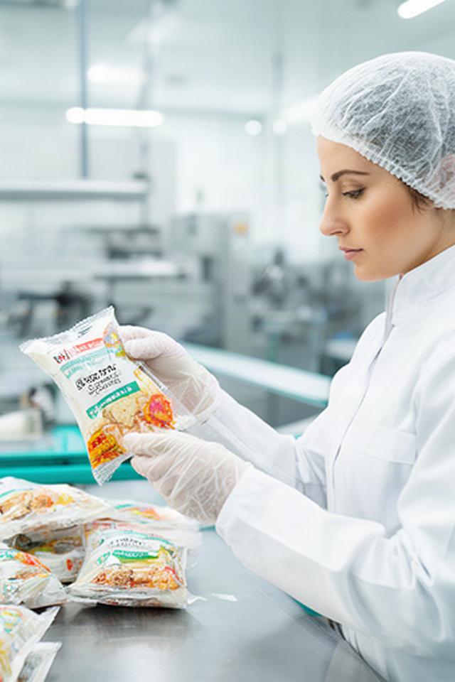 Tecnica alimentare con camice che controlla confezioni di snack senza zuccheri