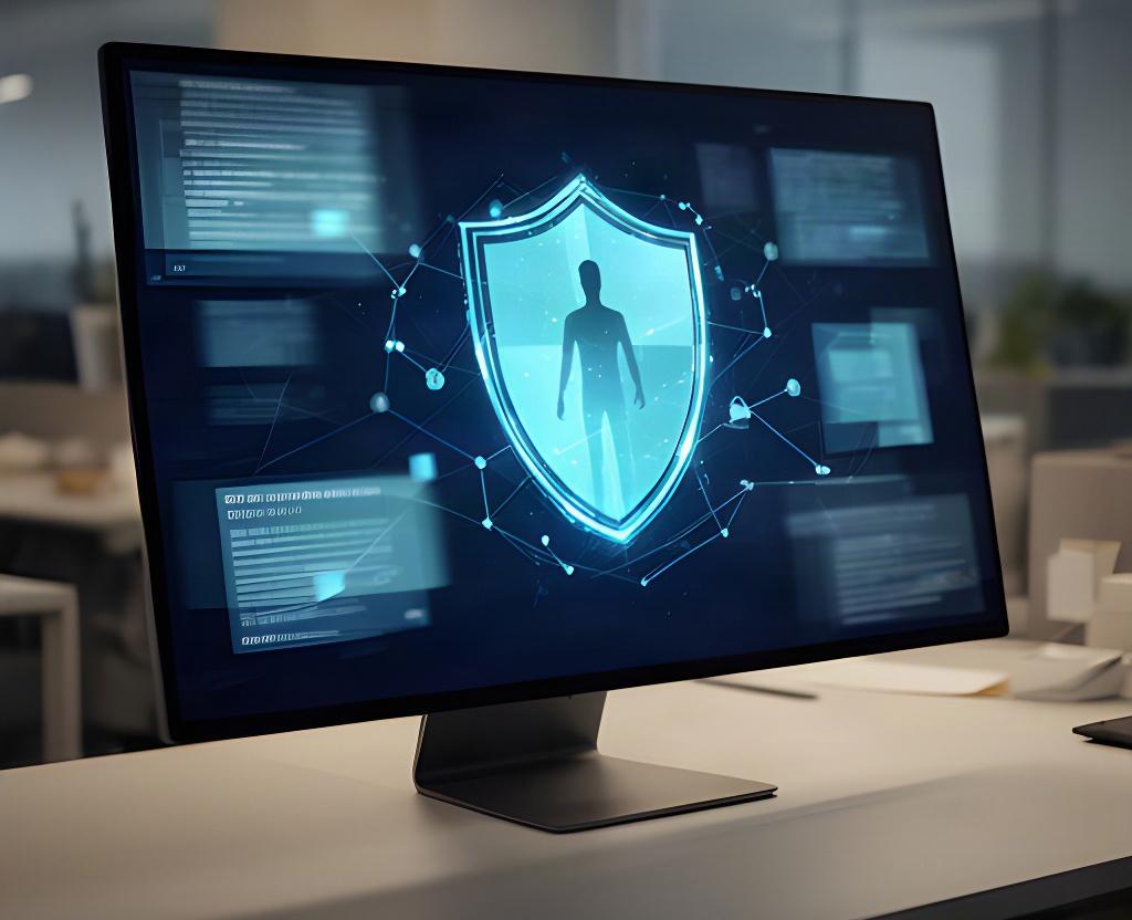 Schermata astratta di sicurezza informatica su un computer in un ufficio aziendale