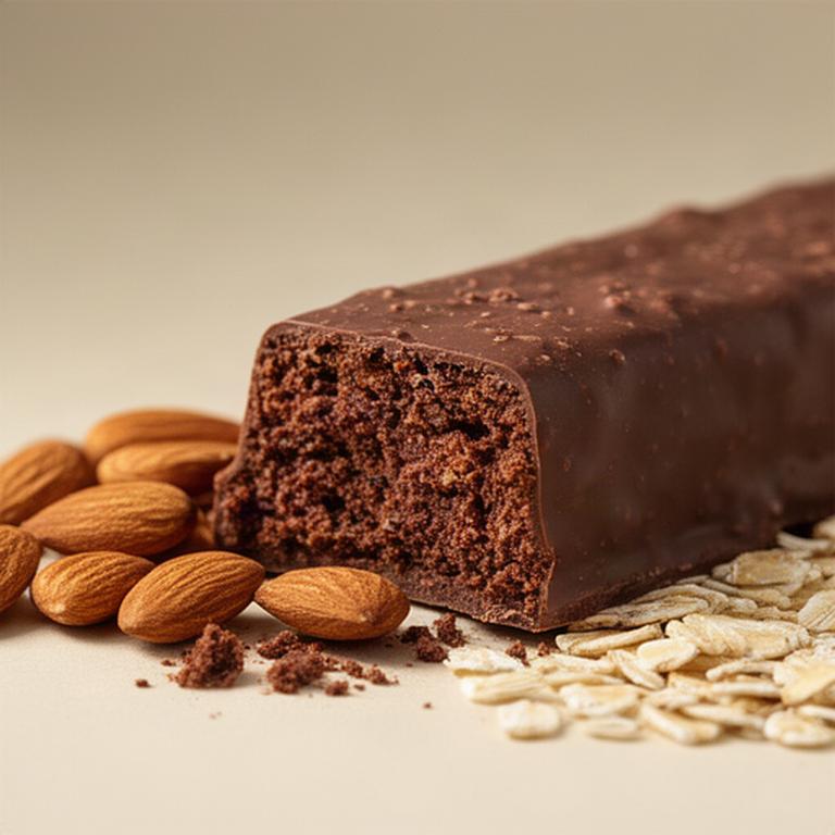 Barretta proteica al cacao tagliata su un piano chiaro accanto a mandorle e avena