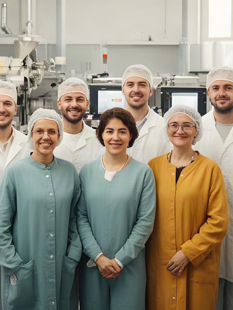 Team italiano di produzione riunito davanti a una linea di confezionamento