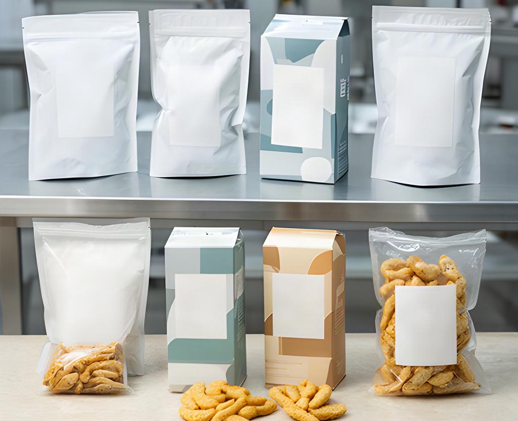 Confezioni di alimenti funzionali affiancate in un'area di preparazione
