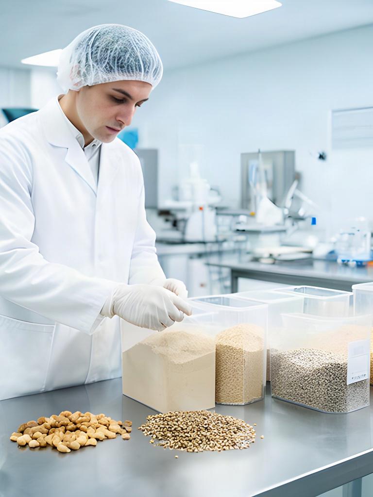 Tecnico alimentare controlla ingredienti proteici in un laboratorio italiano